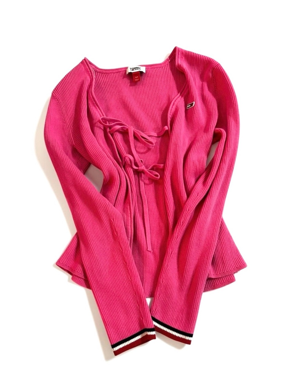 Vintage Tommy Hilfiger Pink Double Tie Front Rib Knit Cardigan Sweater S Preppy
